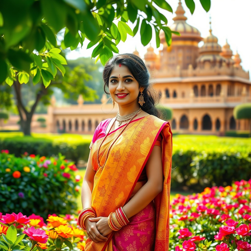 A beautiful Indian woman adorned in traditional attire, wearing a vibrant saree with intricate designs and patterns