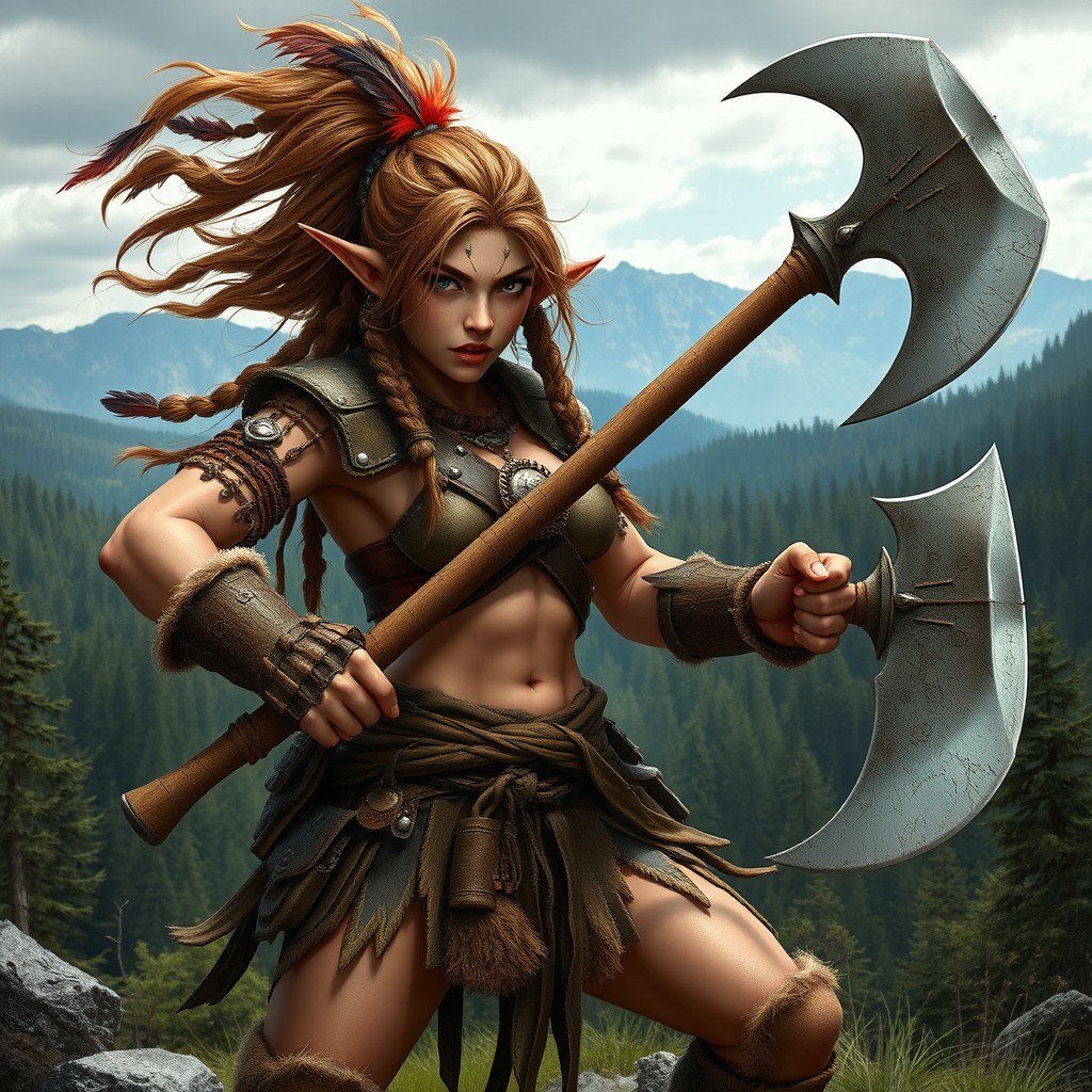 A fierce female halfling barbarian, showcasing her powerful physique and warrior spirit, stands in a dynamic pose with a massive two-handed axe gripped firmly in both hands