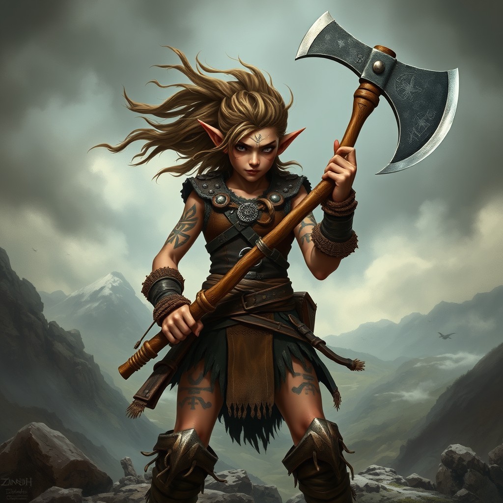 A female halfling barbarian standing fiercely with a single battleaxe held confidently in both hands