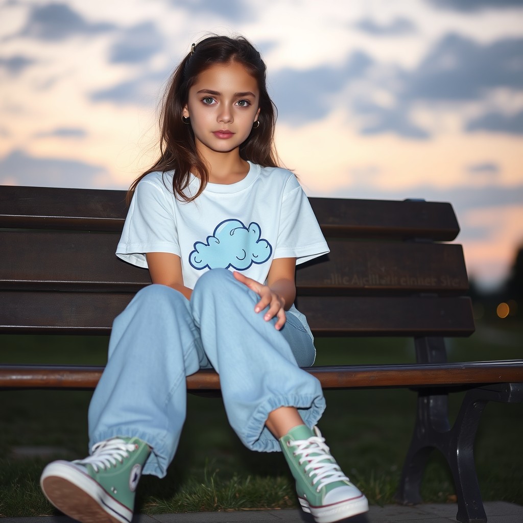 A stylish girl with big green eyes, sitting casually on a park bench at dusk