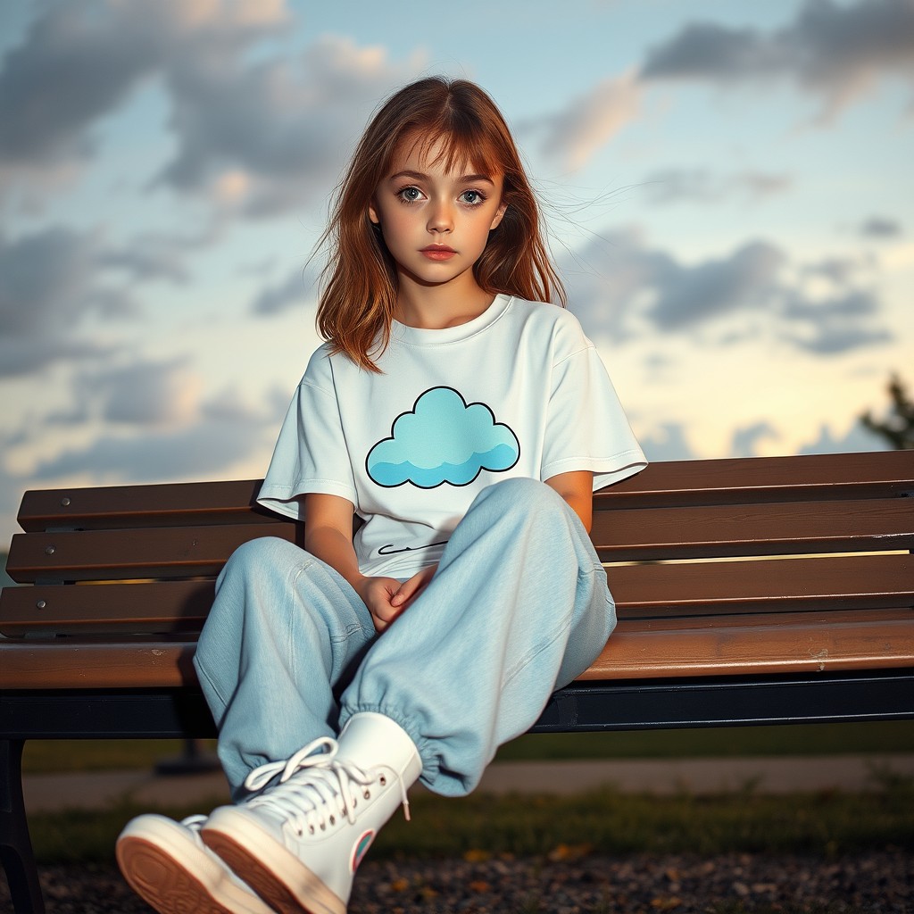 A stylish girl with big green eyes, sitting casually on a park bench at dusk