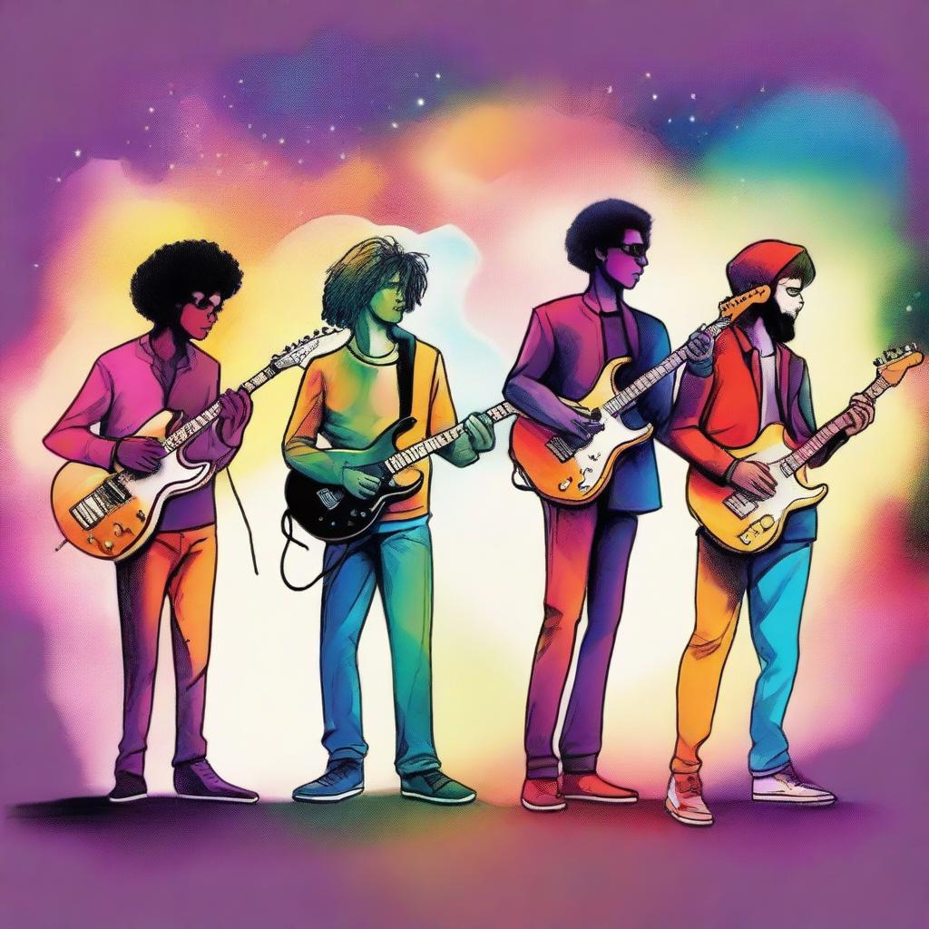 A drawing of 4 musicians a drummer, a bassist, a guitarist and a singer in a universe of colors