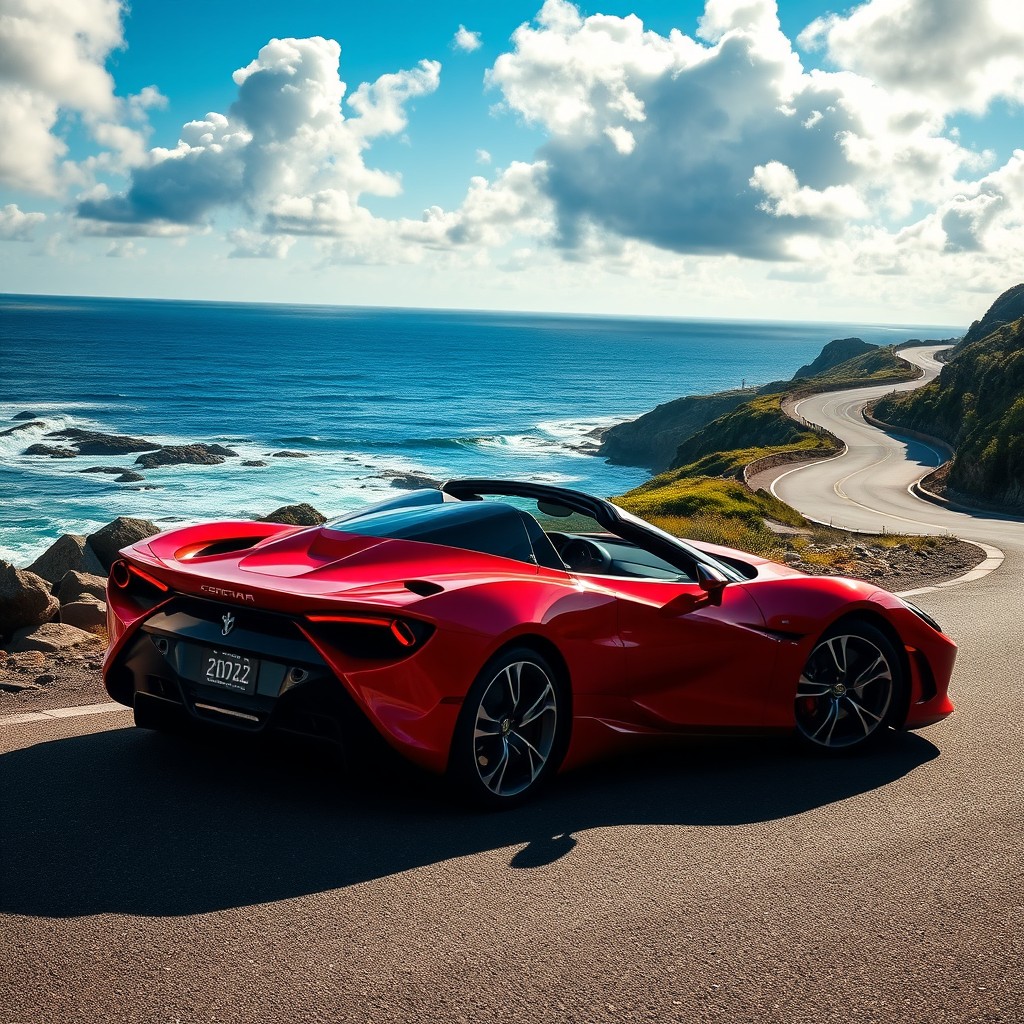 A sleek, modern sports car parked on a scenic coastal road, sunlight reflecting off its glossy surface, with waves crashing against the rocks nearby and a blue sky filled with fluffy white clouds