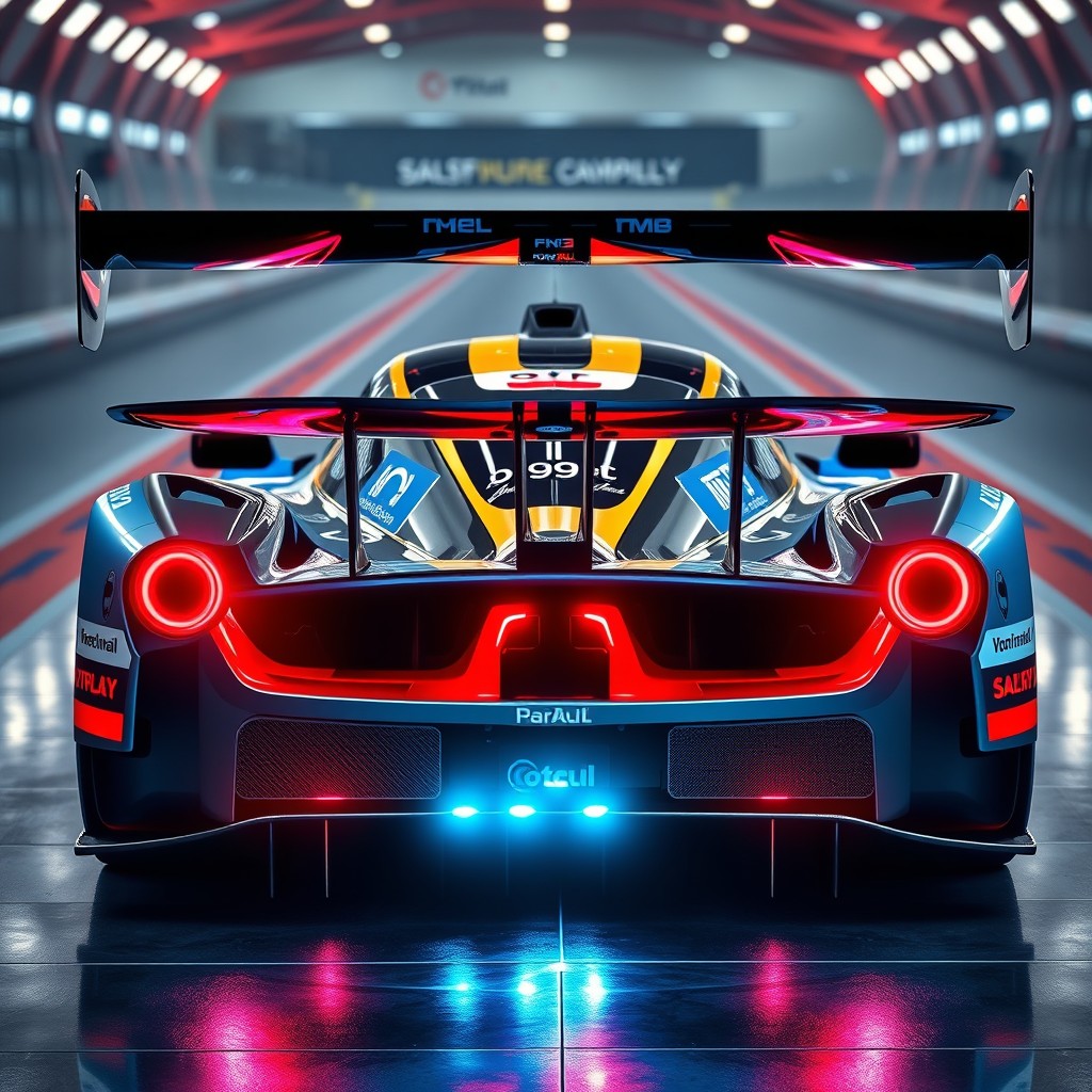 A sleek and futuristic LMP hypercar viewed from the back, showcasing its aerodynamic design and bold rear wing configuration