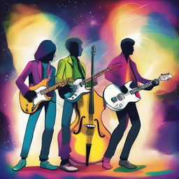 A drawing of 4 musicians a drummer, a bassist, a guitarist and a singer in a universe of colors