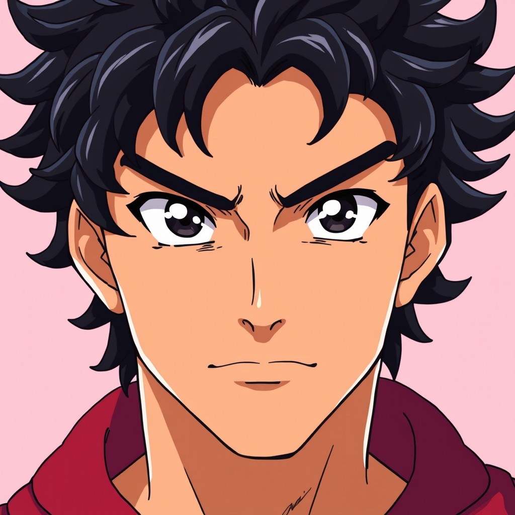 A 17-year-old male character with black, curly hair that frames his face