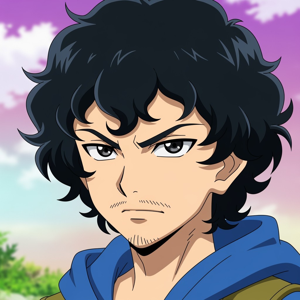 A 17-year-old male character with black, curly hair that beautifully frames his face