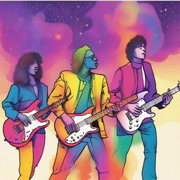 A drawing of 4 musicians a drummer, a bassist, a guitarist and a singer in a universe of colors