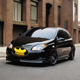 Batman portrayed in the form of a 2006 Chevrolet Corsa, spotlighting the car's exterior with Batman's identifiable elements and color scheme.