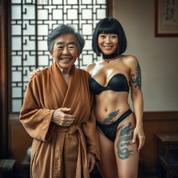 In a traditional Chinese room, a joyful 90-year-old Chinese woman, slightly undernourished and short in stature, beams with happiness