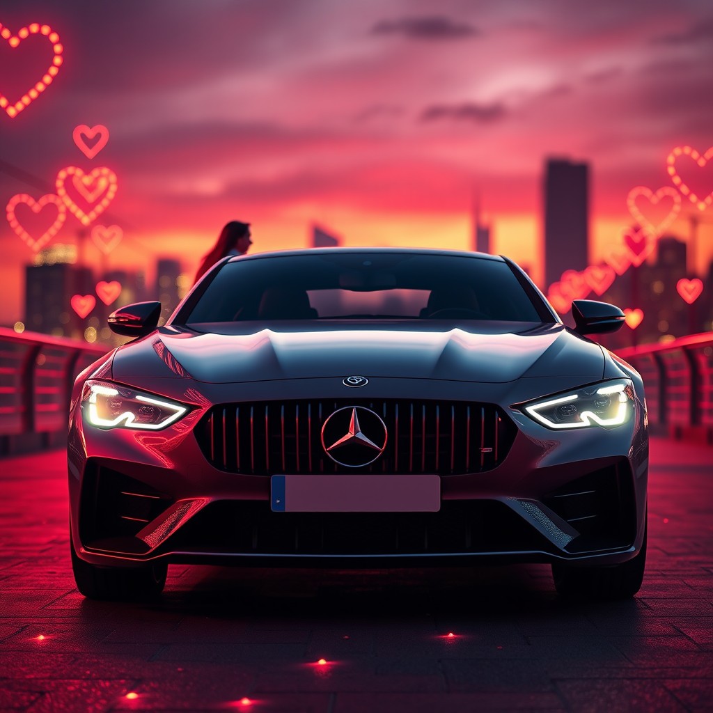 A luxury modern car as the main focus in a romantic city setting during sunset, with a couple in love admiring the car