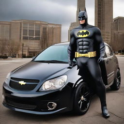 Batman portrayed in the form of a 2006 Chevrolet Corsa, spotlighting the car's exterior with Batman's identifiable elements and color scheme.