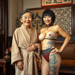 In a traditional Chinese room, a 120-year-old Chinese woman, petite and looking delicate, has short hair and is joyfully smiling while wearing a luxurious suede bathrobe adorned with multiple gold rings on her fingers