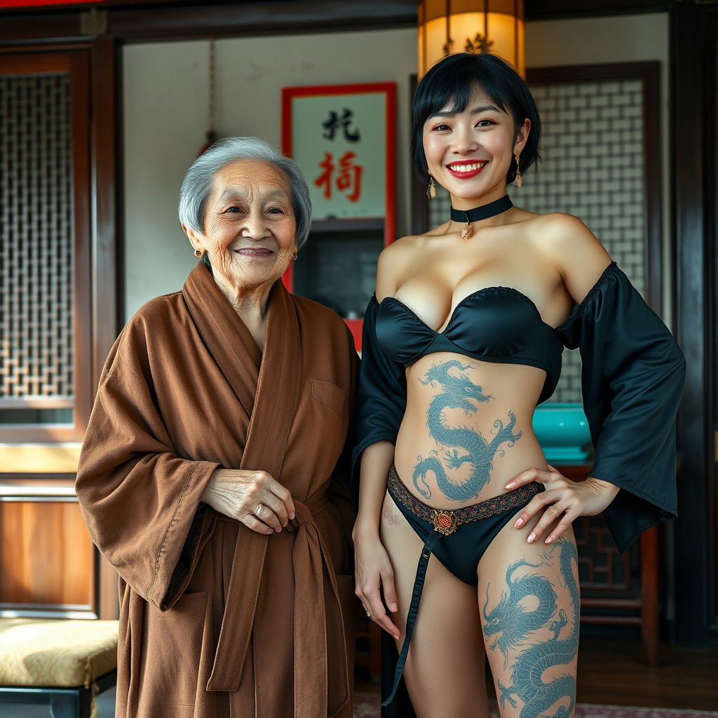In a traditional Chinese room, a 120-year-old Chinese woman, petite and fragile-looking, smiles happily with short hair while wearing a luxurious suede bathrobe, adorned with multiple gold rings on her fingers