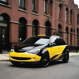 Batman portrayed in the form of a 2006 Chevrolet Corsa, spotlighting the car's exterior with Batman's identifiable elements and color scheme.