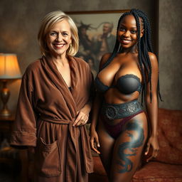 In a cozy room, a 50-year-old short white woman appears slightly malnourished but is smiling joyfully