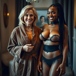 In a cozy room, a 50-year-old short white woman appears slightly malnourished but radiates happiness with her joyful smile