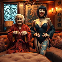 Inside a mafia Yakuza room, a very happy, short, malnourished 90-year-old Chinese woman with short hair smiles brightly, wearing a luxurious suede bathrobe adorned with gold rings on her fingers