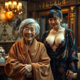 In an opulent Yakuza mafia room, the scene features a joyful 90-year-old Chinese woman who is petite and malnourished, with short hair and an exuberant smile