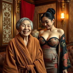 In an opulent Yakuza mafia room, the scene features a joyful 90-year-old Chinese woman who is petite and malnourished, with short hair and an exuberant smile