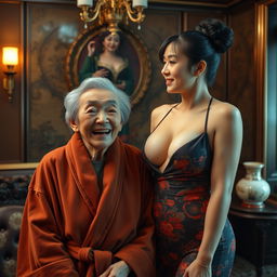 In an opulent Yakuza mafia room, the scene features a joyful 90-year-old Chinese woman who is petite and malnourished, with short hair and an exuberant smile