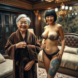 Inside a lavish Yakuza room, a joyful, short 90-year-old Chinese woman with short hair is smiling brightly
