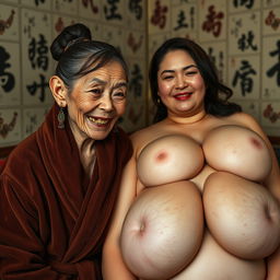 In a Yakuza-themed room, an elderly Chinese woman, short and emaciated with decayed teeth, is adorned in a luxurious suede bathrobe