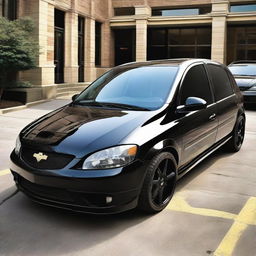 Batman interpreted as a 2006 Chevrolet Corsa, the car embellished in Batman's distinctive style including colors, symbols, and other iconic elements.