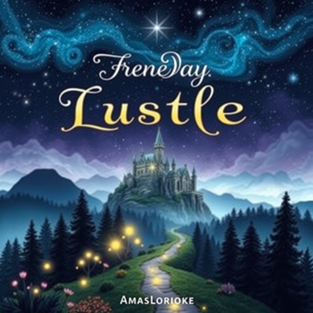 A captivating book cover design featuring an ethereal landscape with a majestic castle perched on a cliff under a starry night sky