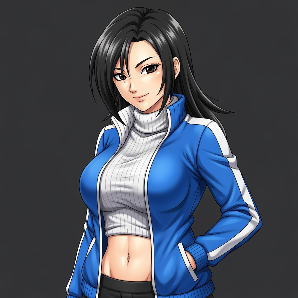 A beautiful female anime character with black hair that has hints of sheen, styled long to the back with a slight volume on top