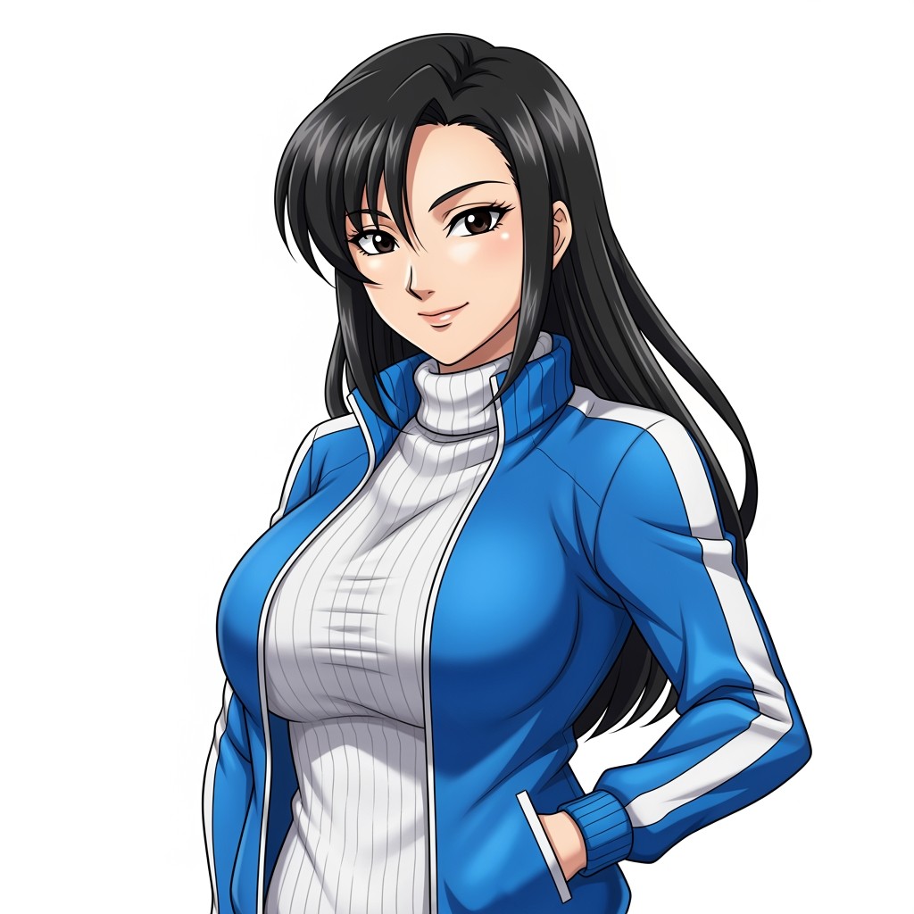 A beautiful female anime character with black hair that has hints of sheen, styled long to the back with a slight volume on top
