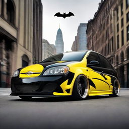 Batman interpreted as a 2006 Chevrolet Corsa, the car embellished in Batman's distinctive style including colors, symbols, and other iconic elements.