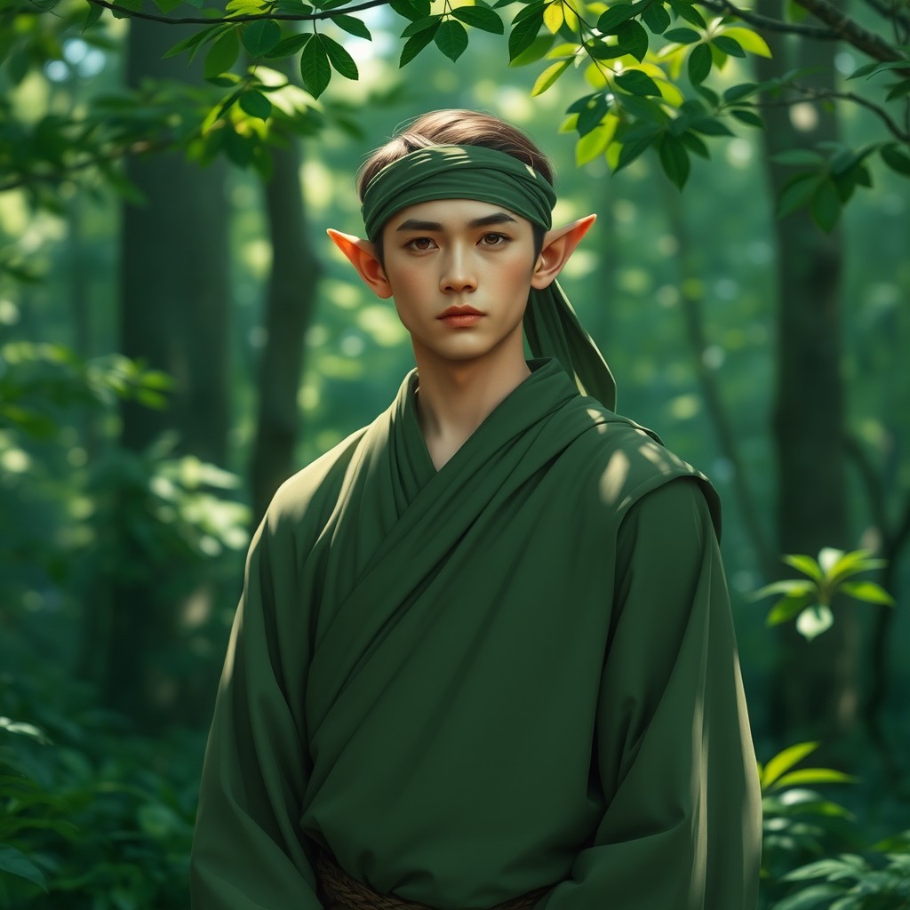 A male wood elf monk standing gracefully in the forest, wearing plain green robes that blend harmoniously with the surroundings