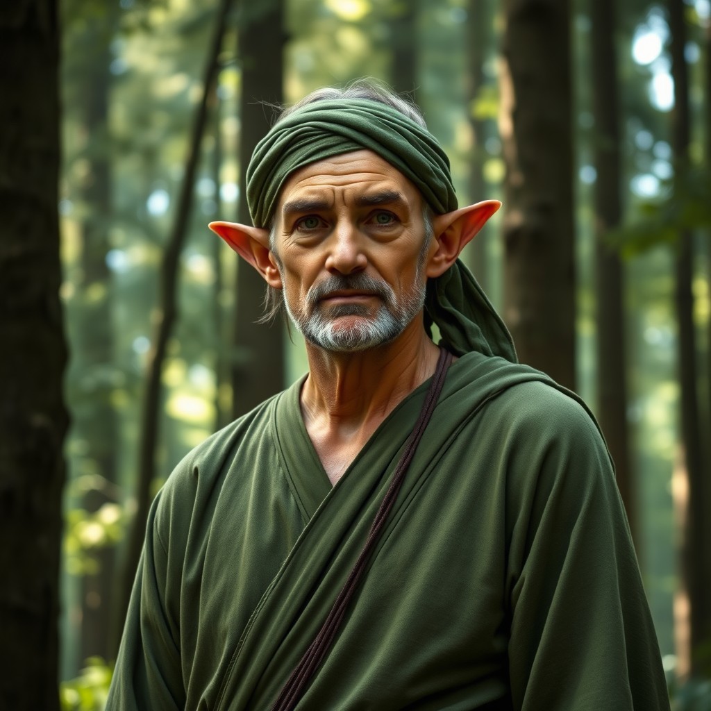 A middle-aged male wood elf standing in an ancient forest, wearing simple green robes that blend seamlessly with the natural environment