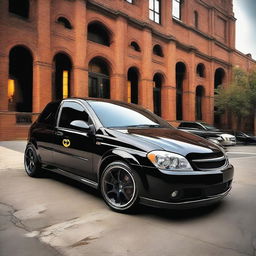 Batman interpreted as a 2006 Chevrolet Corsa, the car embellished in Batman's distinctive style including colors, symbols, and other iconic elements.