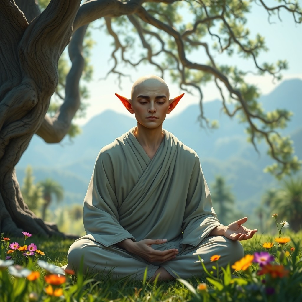 A mystical bald elf monk, exuding wisdom and serenity, wearing simple yet elegant robes made of flowing fabric