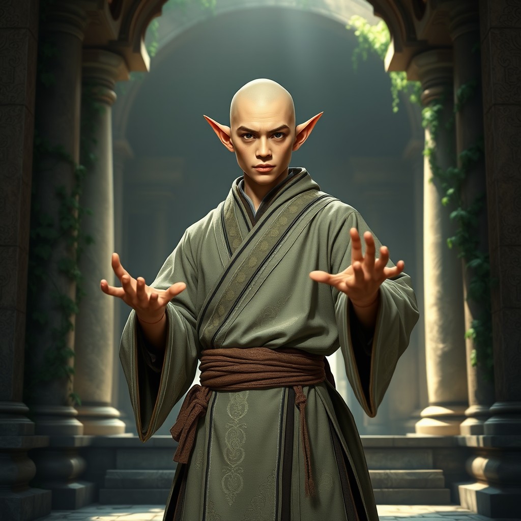A bald elf monk character designed for Dungeons & Dragons, standing confidently in a dynamic pose