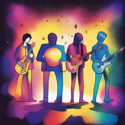 A drawing of 4 musicians: a drummer, a bassist, a guitarist and a singer in a universe of colors