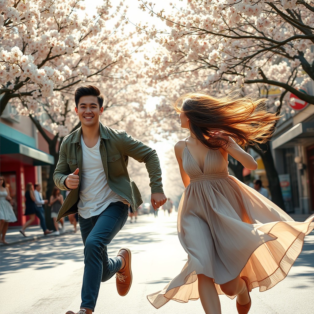 An emotional scene depicting the essence of love and pursuit, with a young man running through a vibrant city street, filled with blooming cherry blossom trees