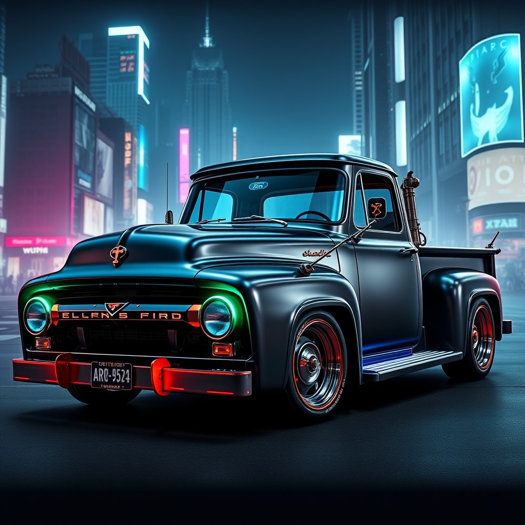 A 1956 Ford F100 pickup truck reimagined in a striking cyberpunk design