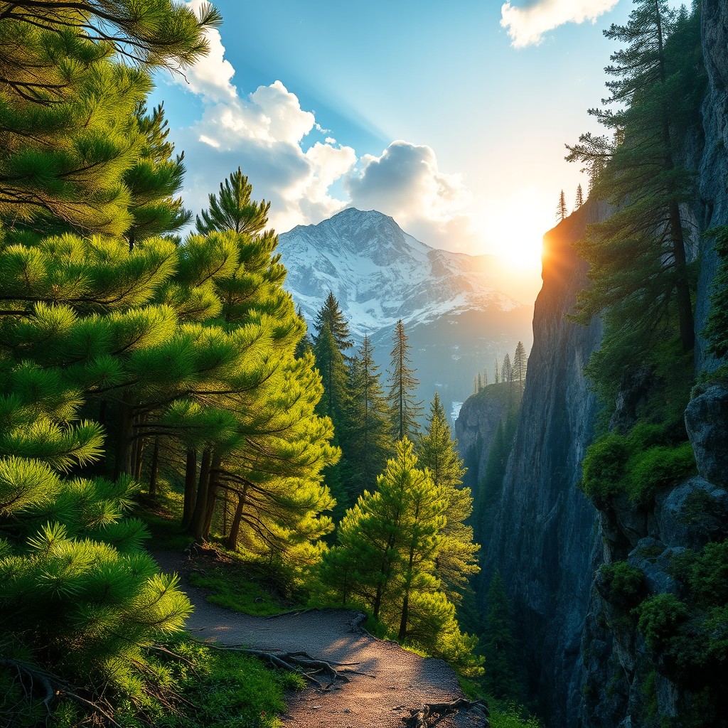 An extremely detailed, photorealistic landscape featuring a magical forest at sunrise