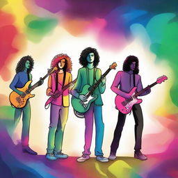 A drawing of 4 musicians: a drummer, a bassist, a guitarist and a singer in a universe of colors