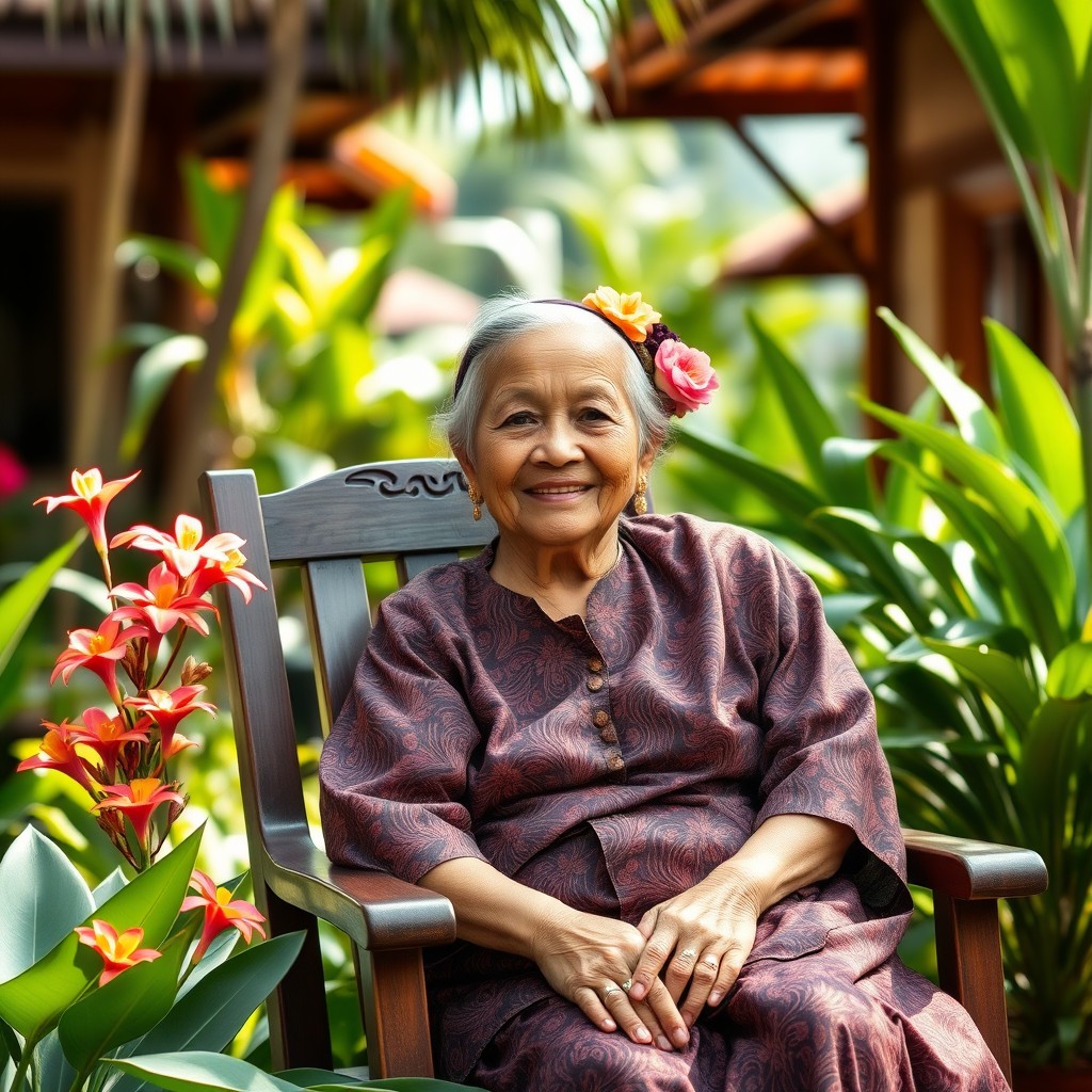 An elderly Indonesian woman, dressed in a traditional batik sarong and kebaya, sitting gracefully on a wooden chair in a lush tropical garden
