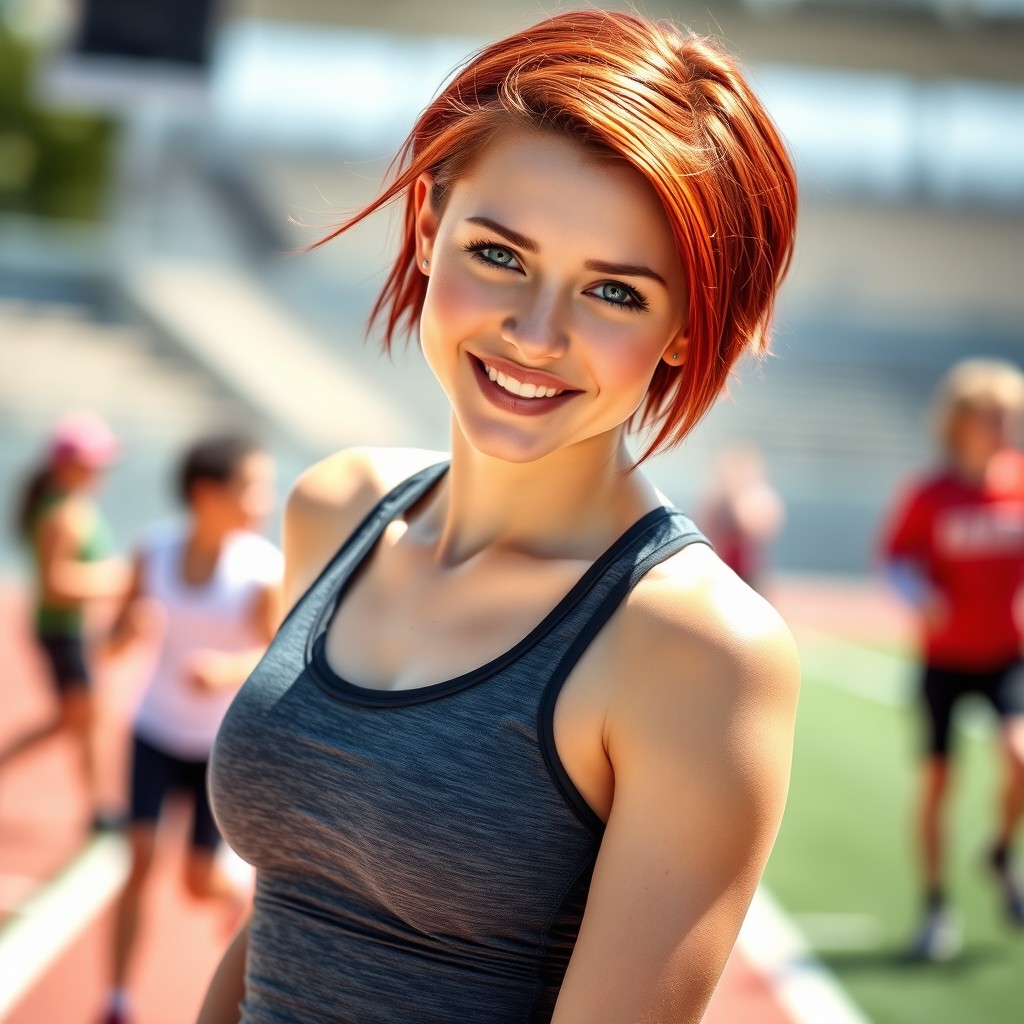 A cute and athletic young woman with short red hair and bright blue eyes, displaying a confident and youthful spirit