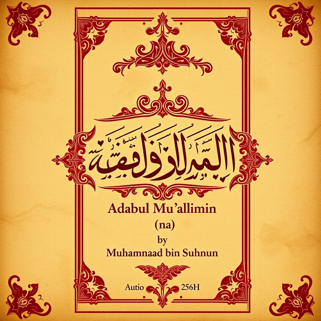A4 book cover design for 'Adabul Mu'allimin (آداب المعلمين)' by Muhammad bin Suhnun (202-256H)