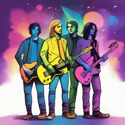 A drawing of 4 musicians: a drummer, a bassist, a guitarist and a singer in a universe of colors