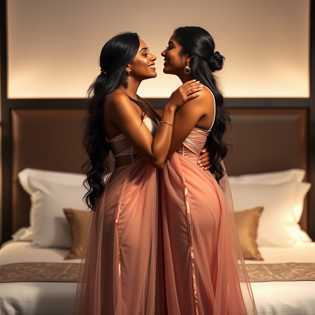 Two Indian women in transparent gowns, standing in a chic hotel room