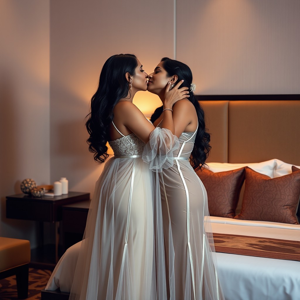 Two Indian women in transparent gowns are standing next to a bed in a stylish hotel room