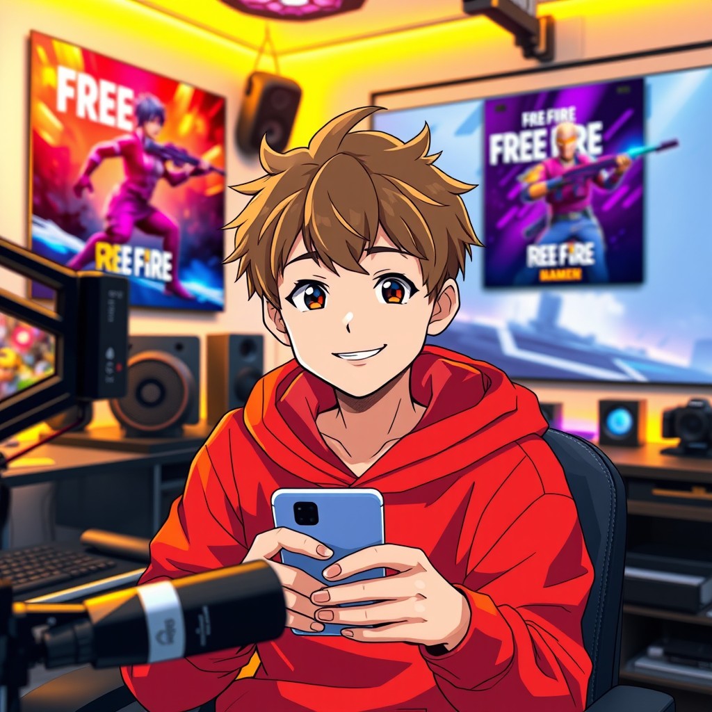 An anime boy with a mature appearance, facing directly forward, sitting in a modern YouTube studio filled with futuristic gadgets