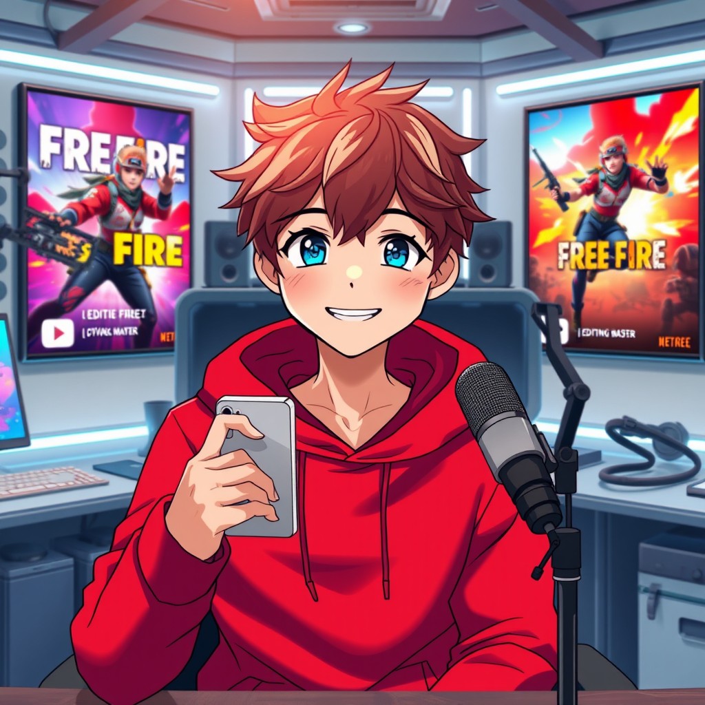 An anime boy character with a mature look, facing forward, embodying a YouTube content creator